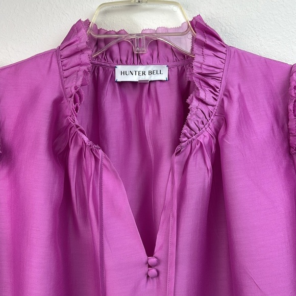 Hunter Bell Milli top, silky fuchsia pink ruffle neck/sleeve relaxed fit blouse - Picture 3 of 12